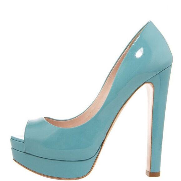 MIU MIU Seafoam Green Patent Leather Peep Toe Platform Pump Heels Size 39 - Picture 1 of 8